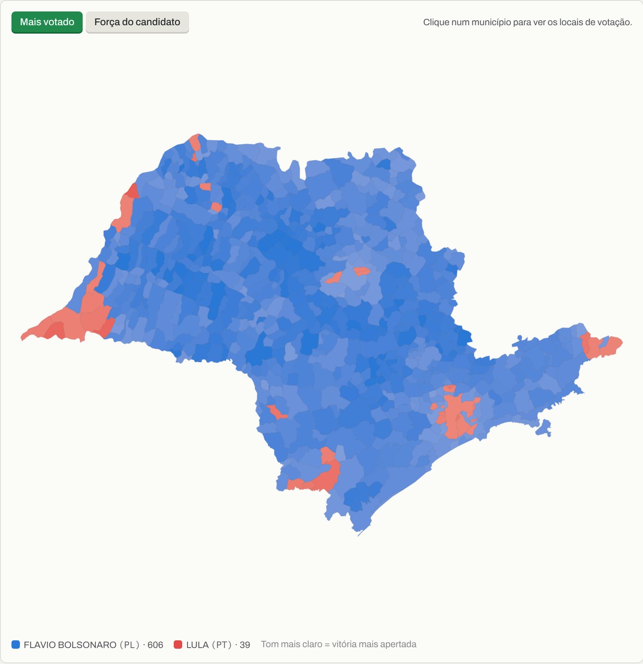 Mapa do estado de São Paulo, quase todo azul, com manchas vermelhas em alguns municípios.
