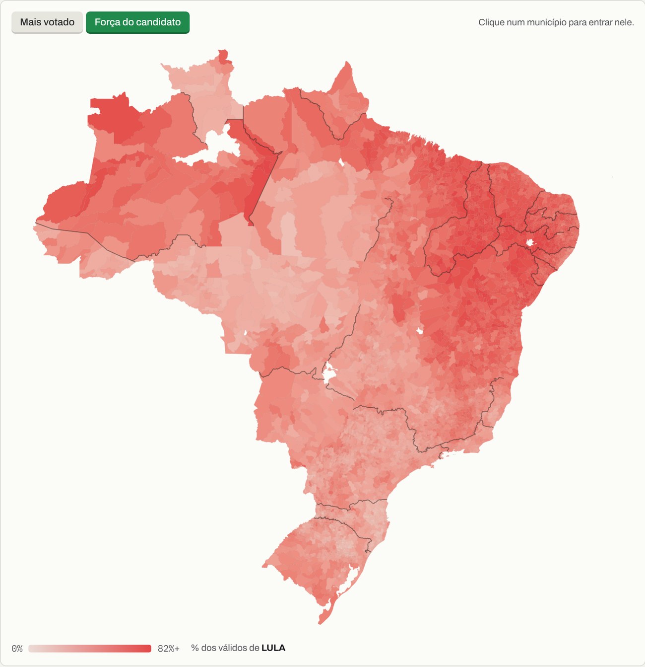 Mapa do Brasil em tons de vermelho, mais escuros no Nordeste, mostrando a votação de Lula por município.