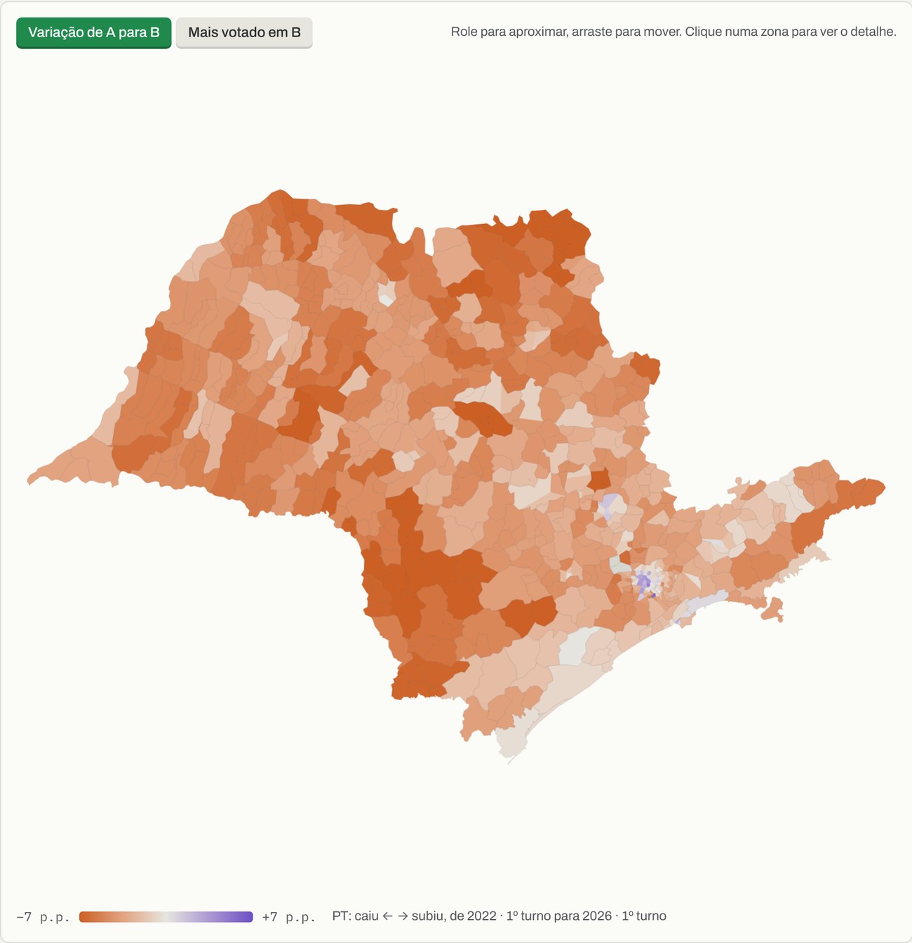 Mapa das zonas eleitorais de São Paulo em tons de laranja e roxo, mostrando a variação do voto no PT entre 2022 e 2026.
